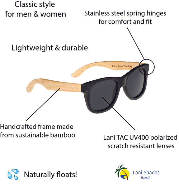Polarized sustainable bamboo floating sunglasses by Lani Shades Aina Iwa information