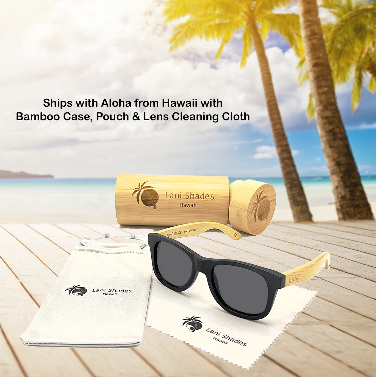 Polarized sustainable bamboo floating sunglasses by Lani Shades Aina Iwa package contents