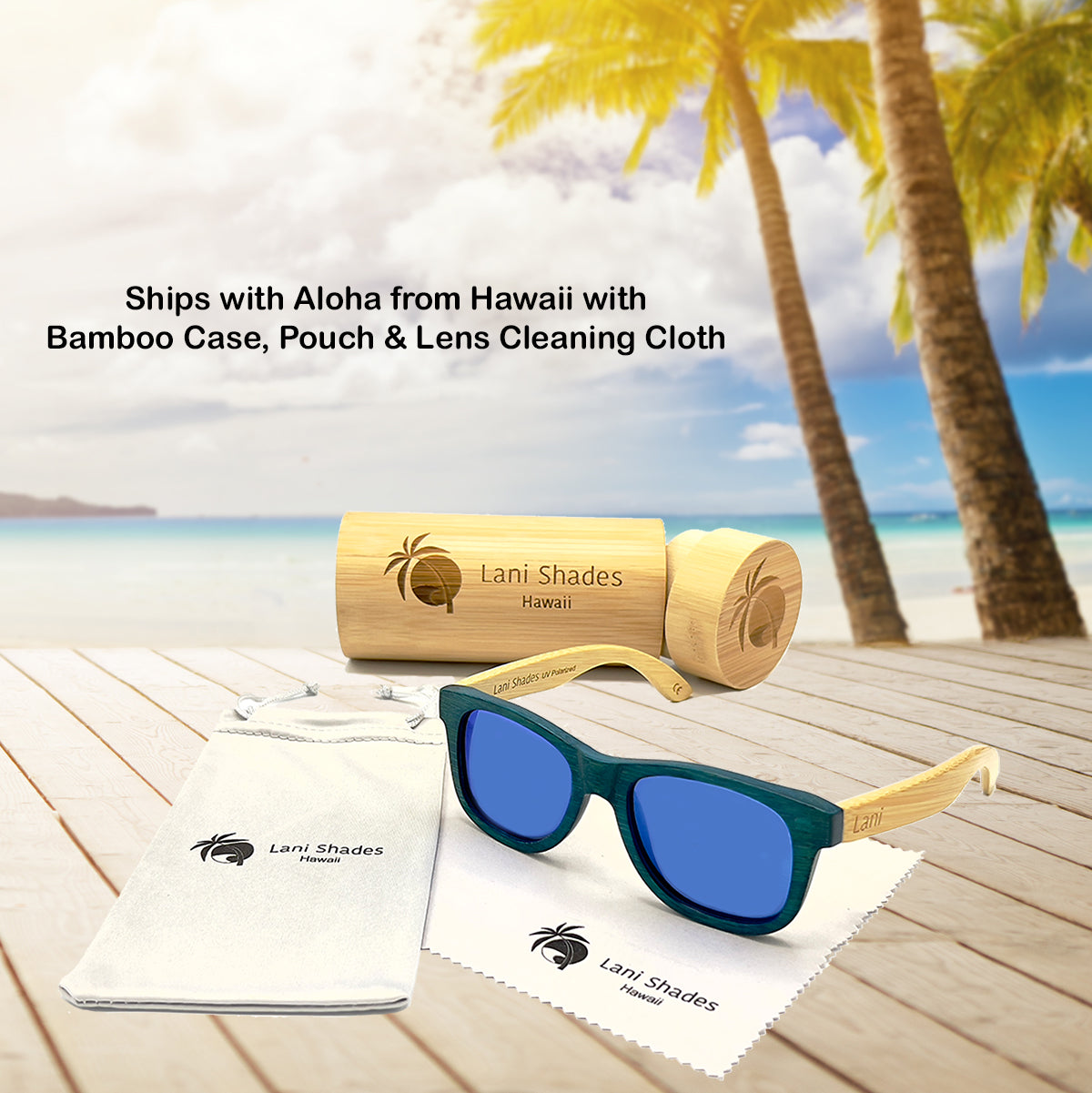 Polarized Sustainable Bamboo Floating Sunglasses Aina Nalu package contents